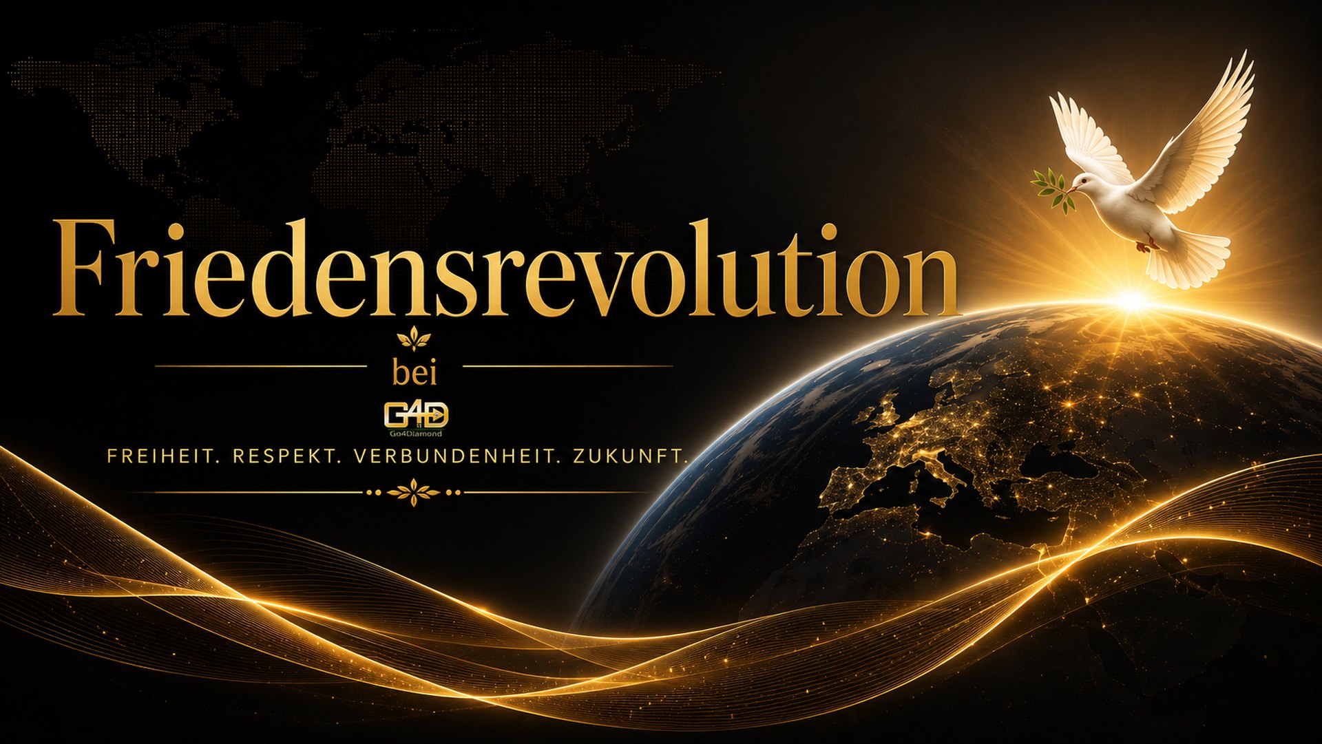 Friedensrevolution bei Go4Diamond — eine weiße Friedenstaube mit Olivenzweig über der Erdkugel, darunter goldene Wellen. Freiheit. Respekt. Verbundenheit. Zukunft.